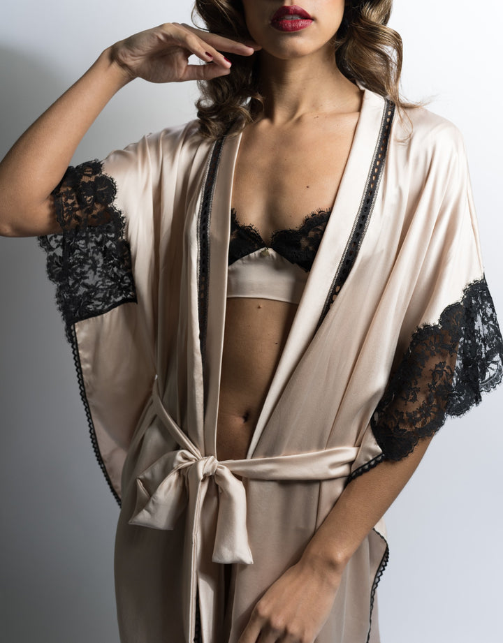 Florence Silk Kimono in Fondant Silk and Black Lace