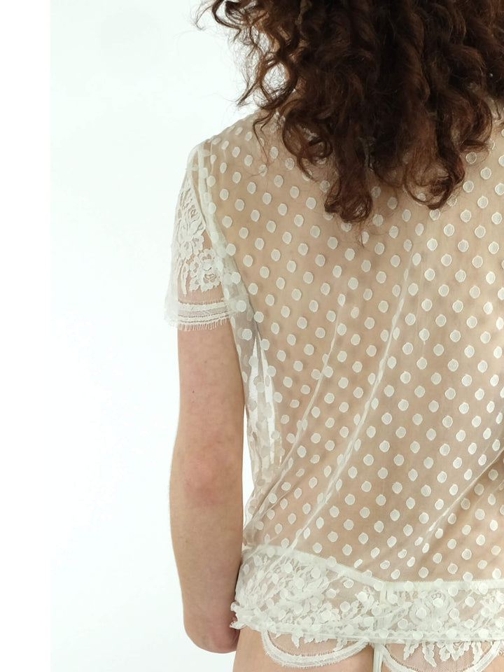 Shell Belle Couture French Rose Lace-T with appliqué lace, penny spot tulle, and Art Deco lace short sleeves.