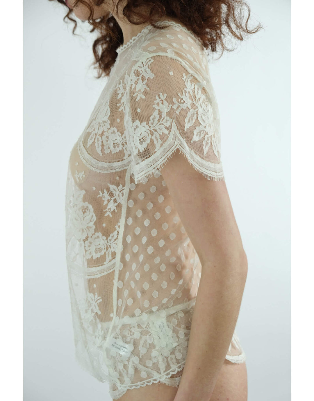 Shell Belle Couture French Rose Lace-T with appliqué lace, penny spot tulle, and Art Deco lace short sleeves.