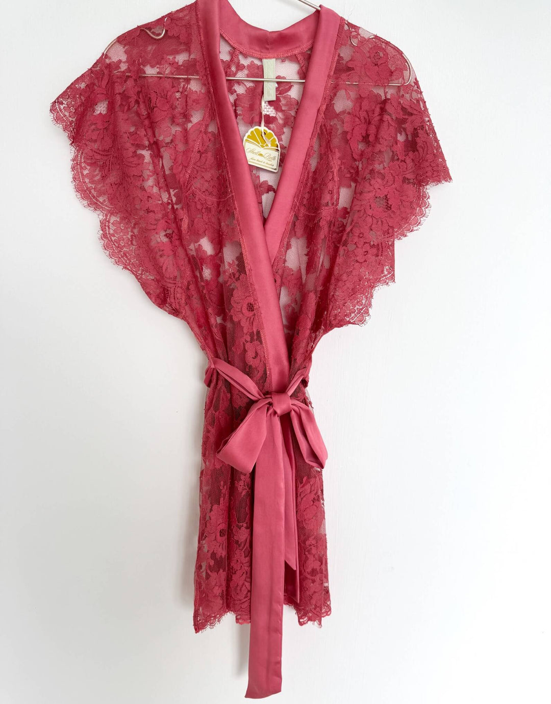 Grace Kimono by Shell Belle Couture in Orange Blossom French lace with scalloped sleeves and sandwashed silk sash