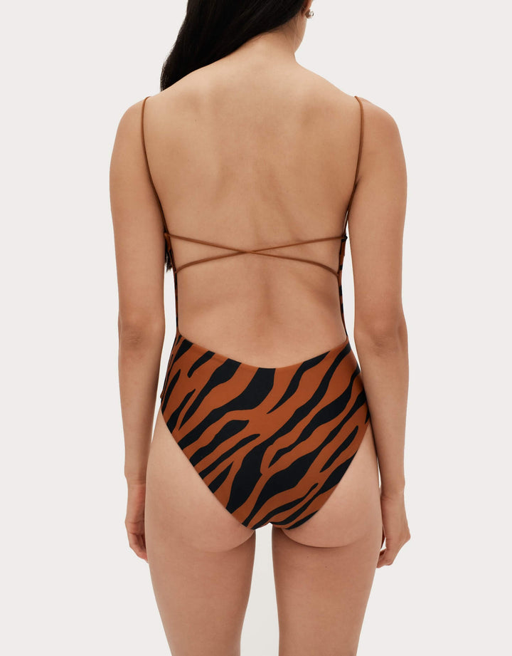 Ziah Fine Strap One Piece in Brown Zebra - High Cut Legs with Thin Elasticated Straps