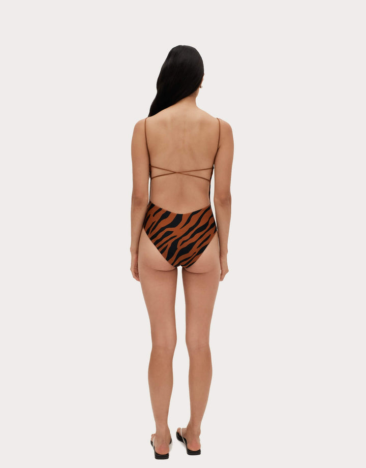 Ziah Fine Strap One Piece in Brown Zebra - High Cut Legs with Thin Elasticated Straps