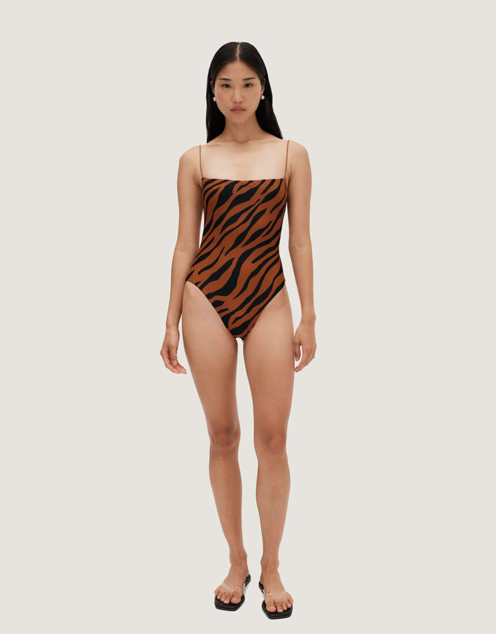 Ziah Fine Strap One Piece in Brown Zebra - High Cut Legs with Thin Elasticated Straps