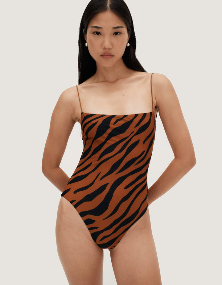 Ziah Fine Strap One Piece in Brown Zebra - High Cut Legs with Thin Elasticated Straps