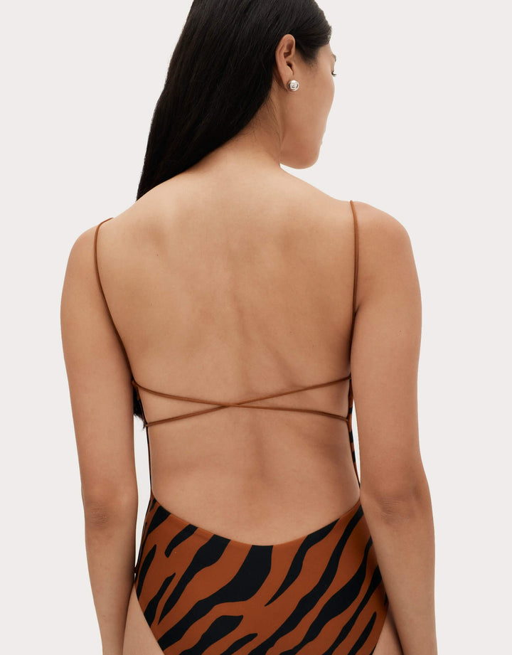 Ziah Fine Strap One Piece in Brown Zebra - High Cut Legs with Thin Elasticated Straps