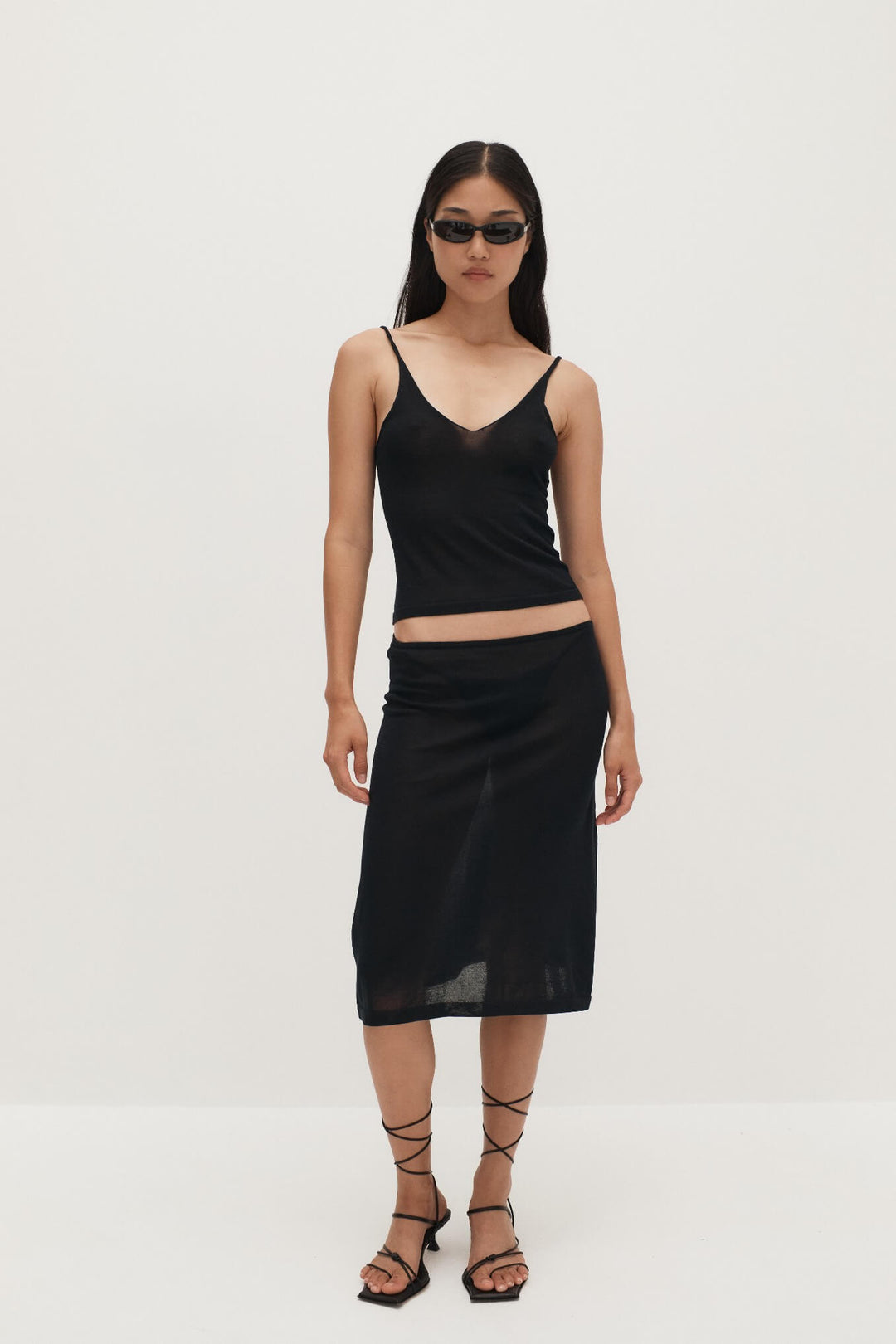 Ziah Sheer Knit Low-Rise Skirt in Black - Delicate Cotton Fabric, Falls Below the Knee