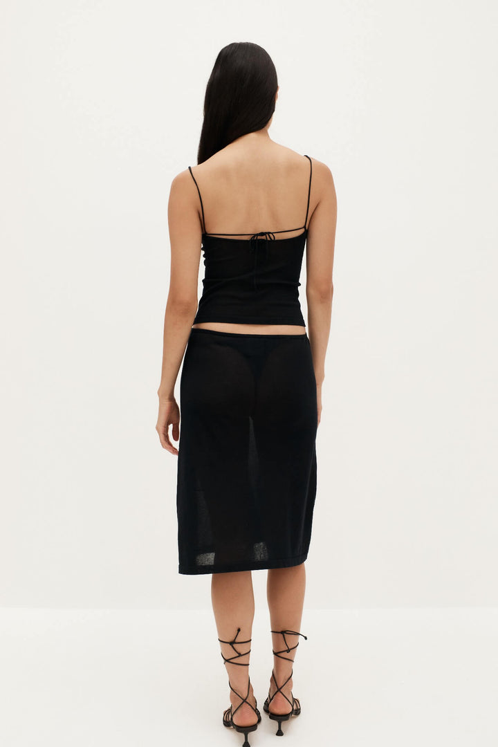 Back View of Ziah Sheer Knit Low-Rise Skirt in Black - Sheer Design with Organic Cotton