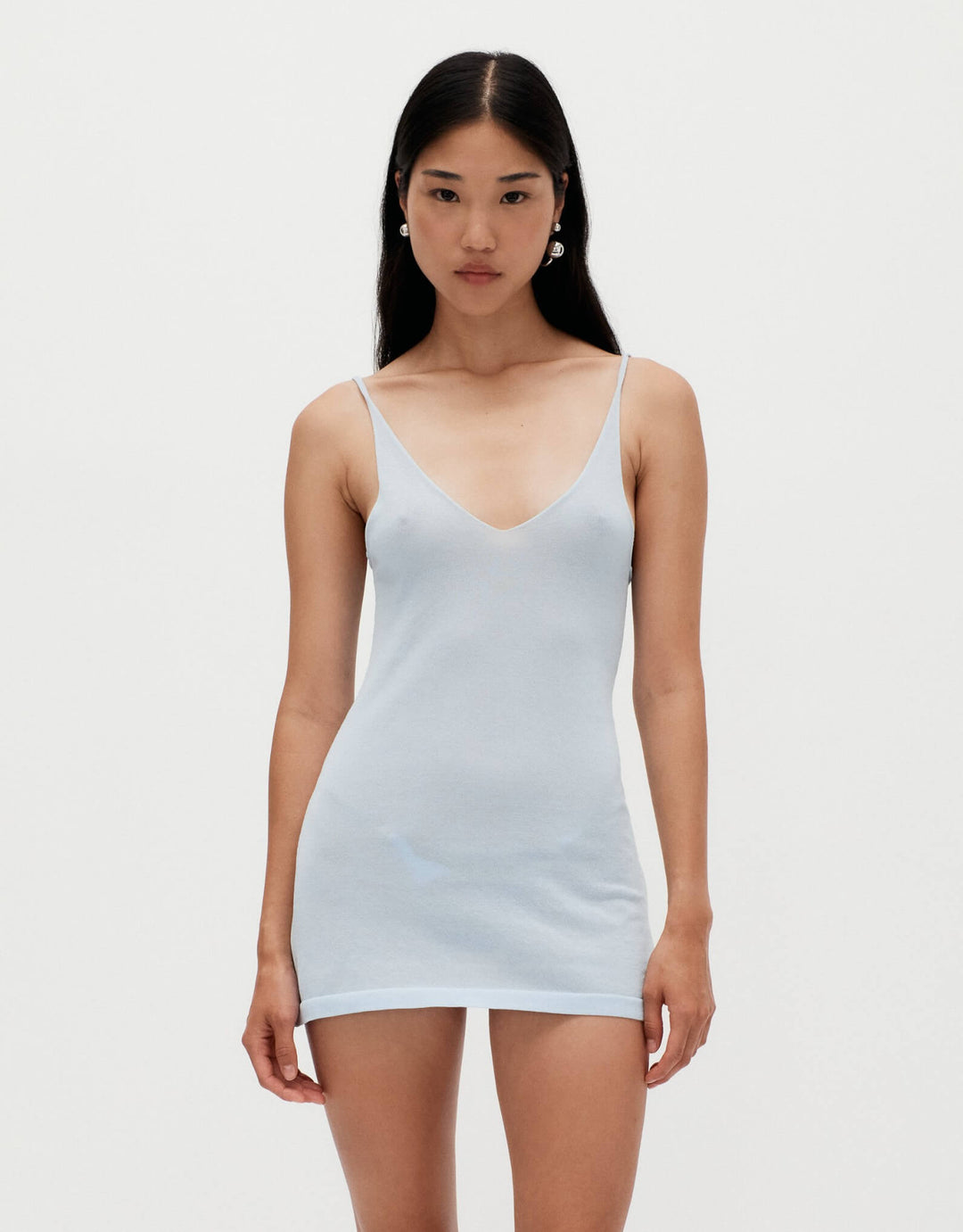 Ziah Sheer Knit Mini Dress in Misty Blue Organic Cotton