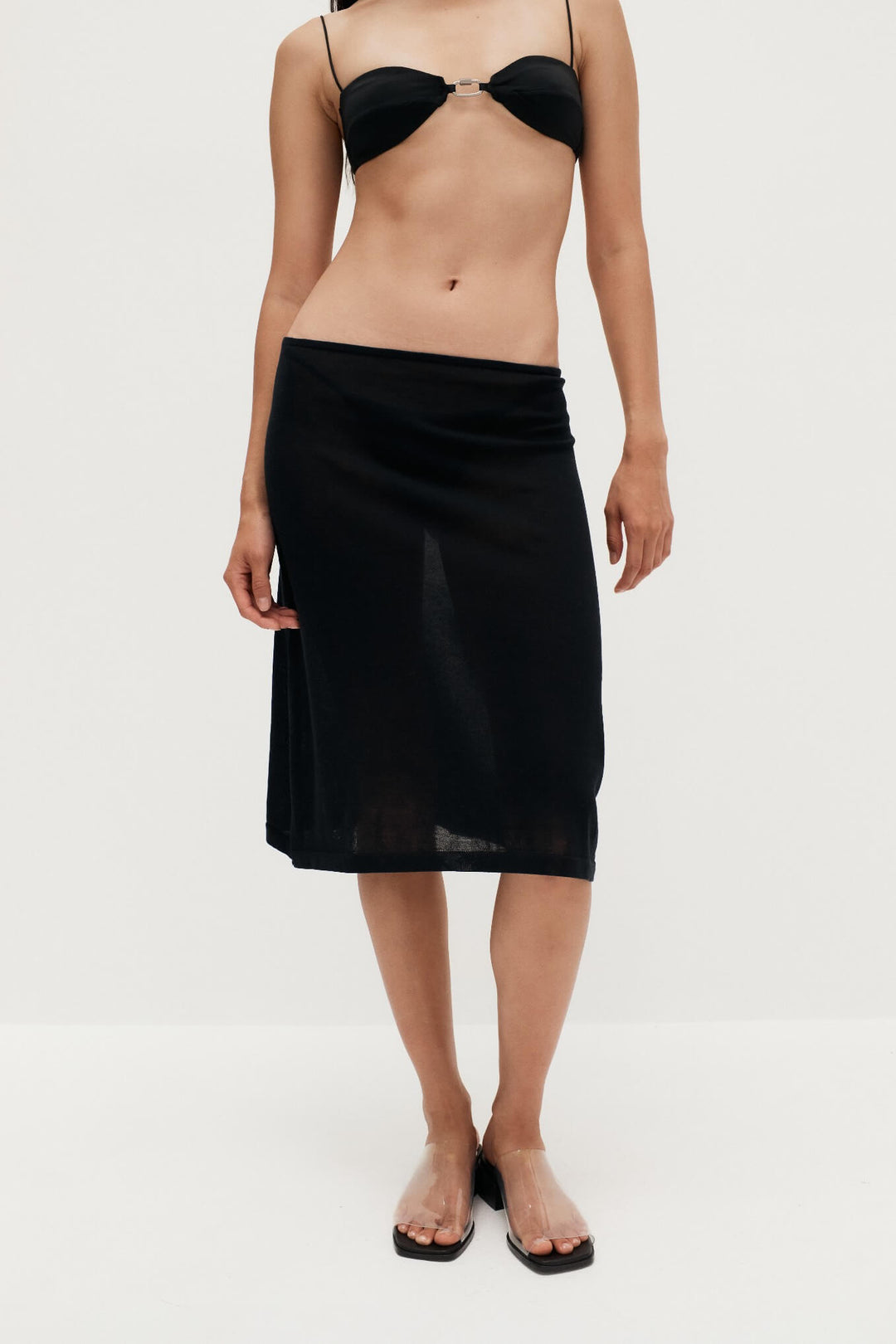 Ziah Sheer Knit Low-Rise Skirt in Black - Delicate Cotton Fabric, Falls Below the Knee