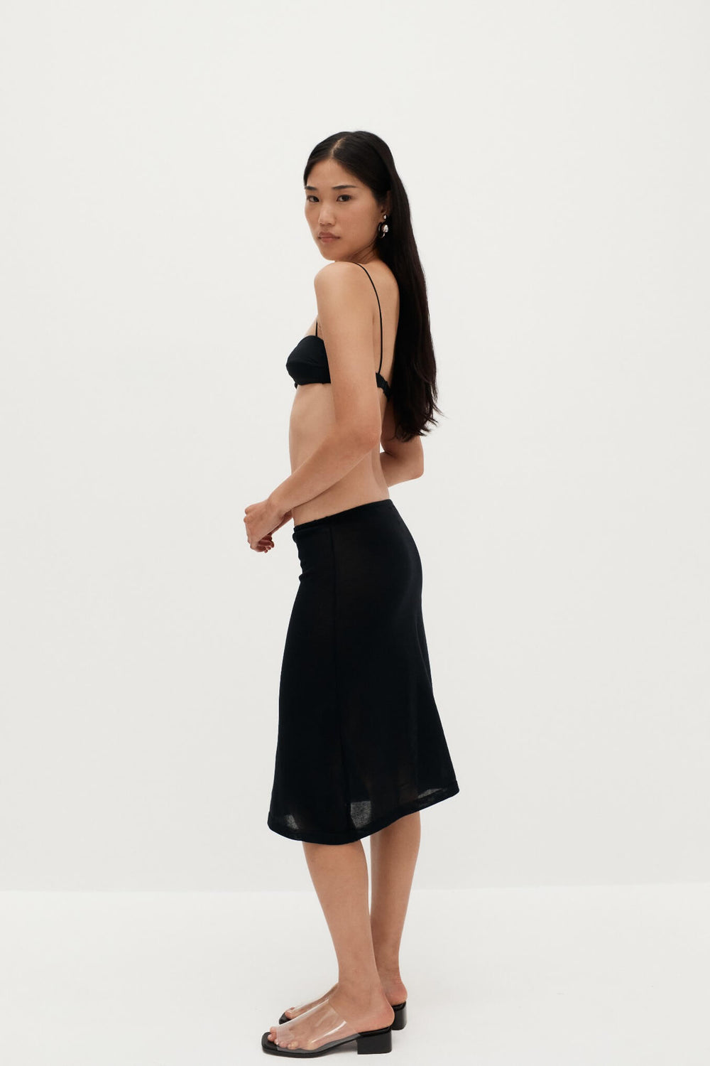 Ziah Sheer Knit Low-Rise Skirt in Black - Delicate Cotton Fabric, Falls Below the Knee side view