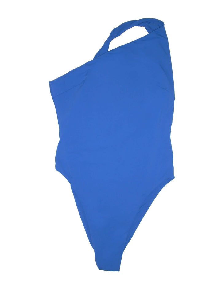 Ziah Leme Asymmetric One Piece in Electric Blue — twisted one-shoulder neckline and open back cut-out