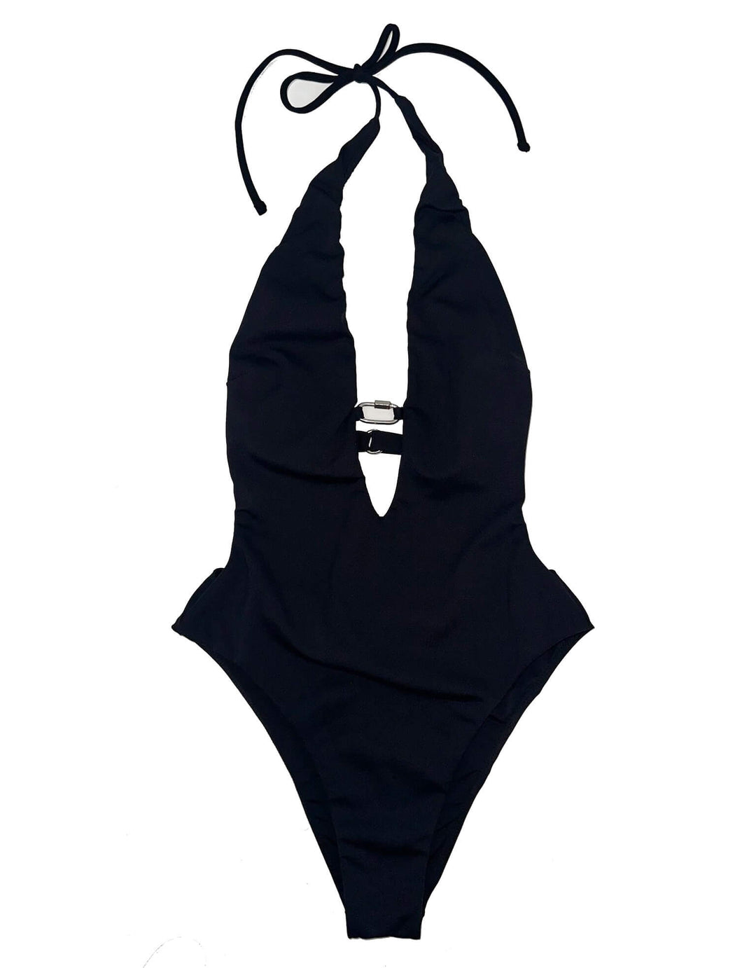 Ziah Halter Hardware One Piece Swimsuit in Black — plunging halter neckline with central sterling silver hardware detail