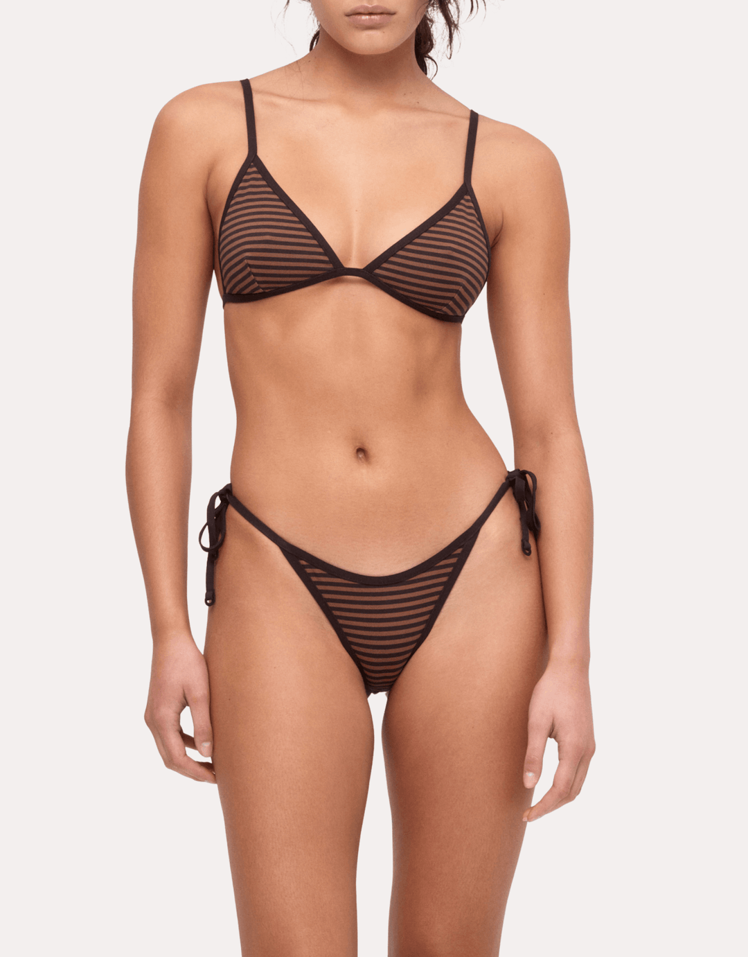 Zulu & Zephyr Hipster Tie Brief Brown Stripe bikini bottom — angled front view