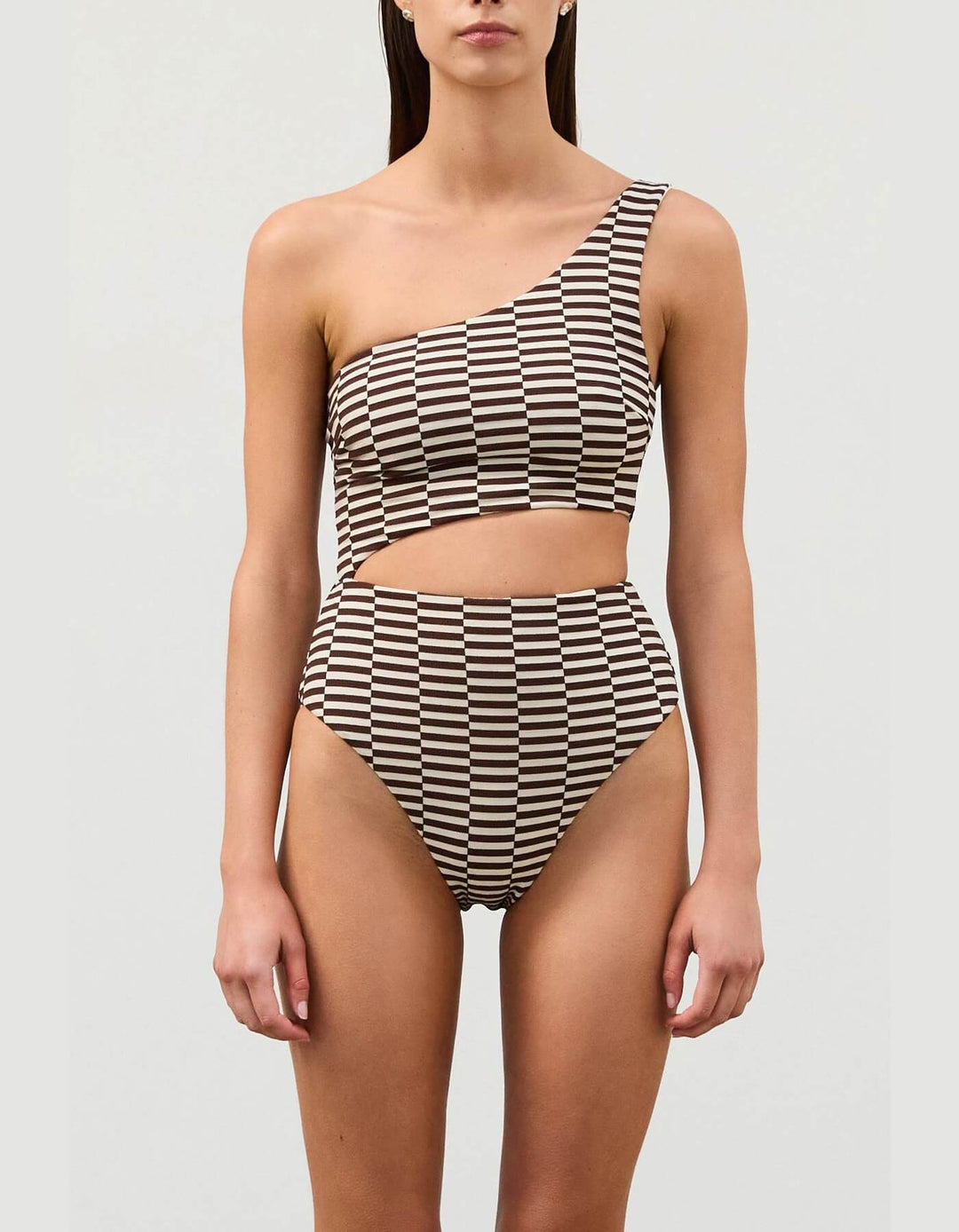 Zulu & Zephyr Cocoa Grid Textured One Piece Swimsuit – One-Shoulder Design & Cut-Out Waist
