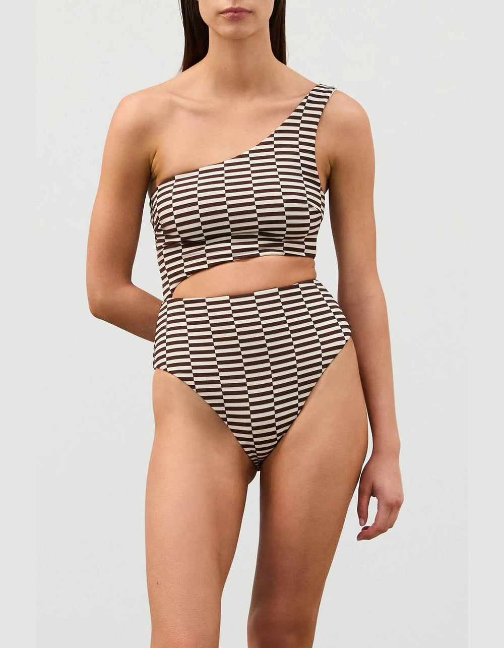 Zulu & Zephyr Cocoa Grid Textured One Piece Swimsuit – One-Shoulder Design & Cut-Out Waist