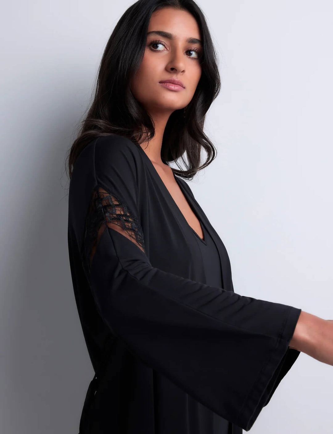 Aubade Sweet Obsession black modal kimono robe with embroidered panels