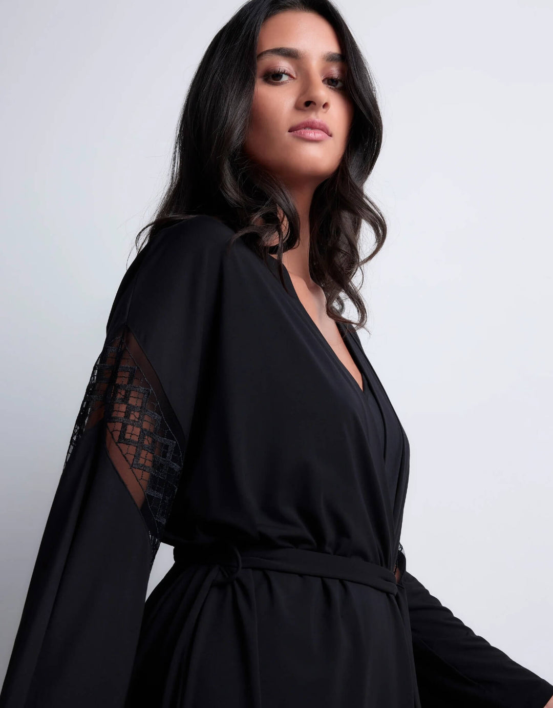 Aubade Sweet Obsession black modal kimono robe with embroidered panels