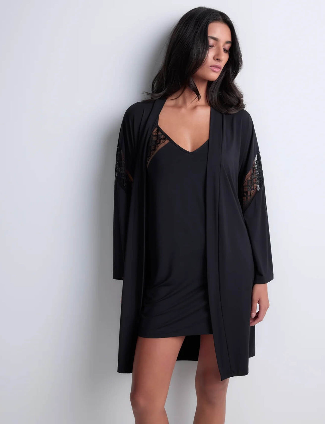 Aubade Sweet Obsession black modal kimono robe with embroidered panels