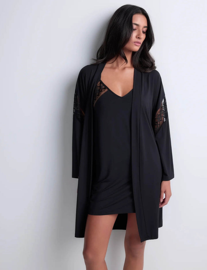 Aubade Sweet Obsession black modal kimono robe with embroidered panels