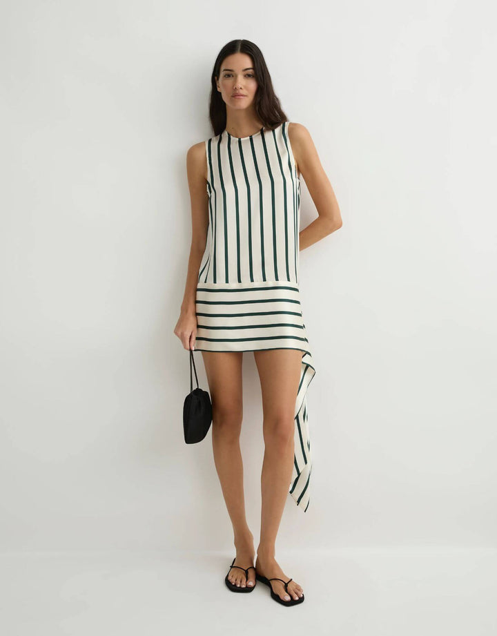 Bondi Born Cannes Sash Hem Mini Dress Forest Stripe — front view