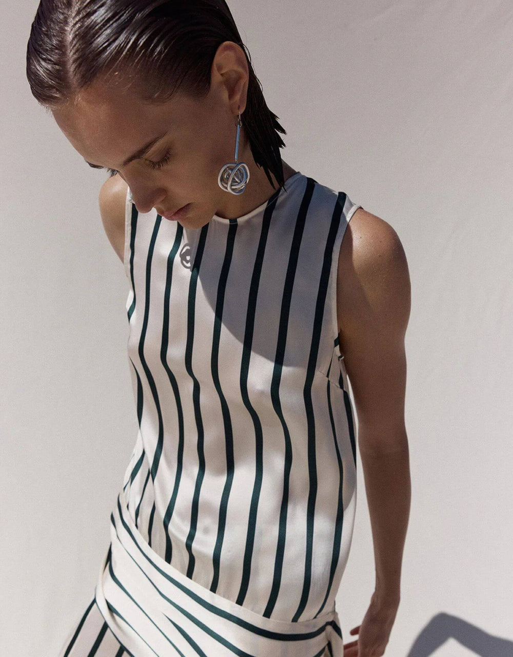 Bondi Born Cannes Sash Hem Mini Dress Forest Stripe — close-up detail view