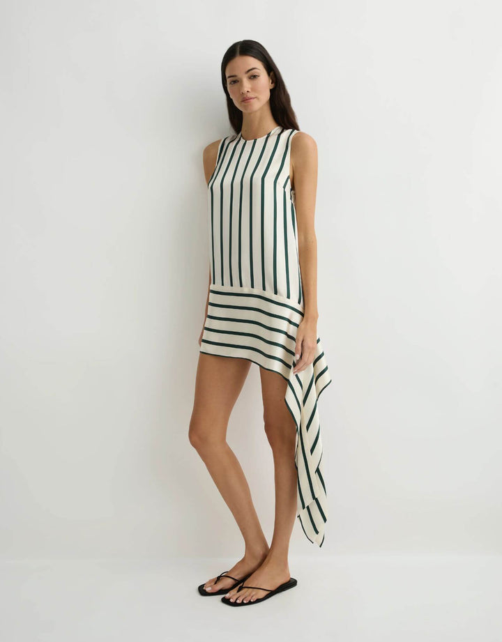 Bondi Born Cannes Sash Hem Mini Dress Forest Stripe — angled front view