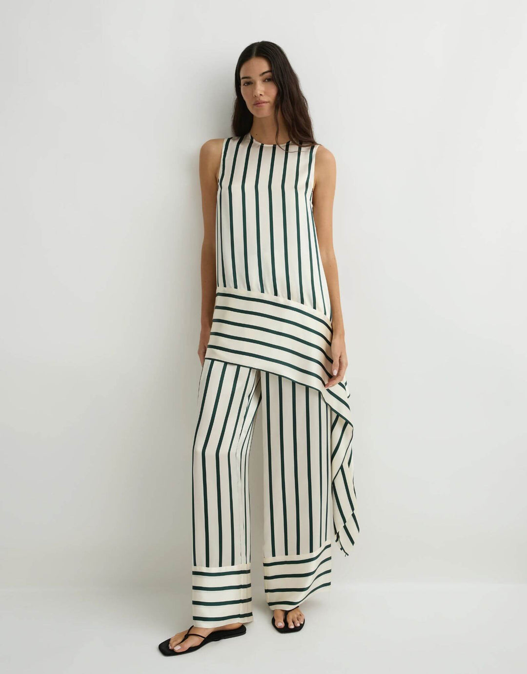 Bondi Born Cannes Sash Hem Mini Dress Forest Stripe — full-length front view