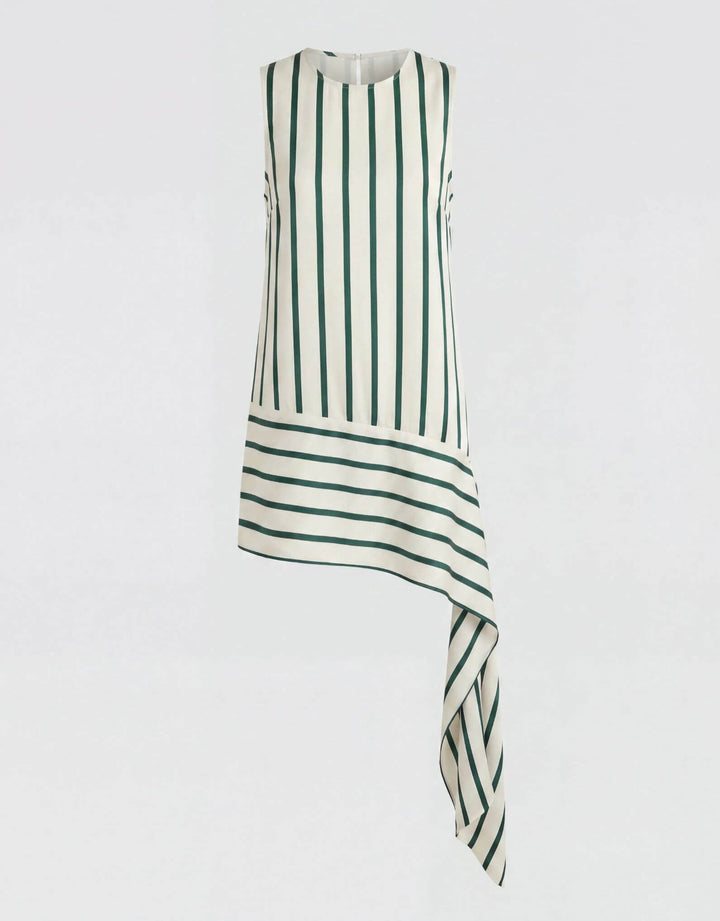 Bondi Born Cannes Sash Hem Mini Dress Forest Stripe — sash hem detail view
