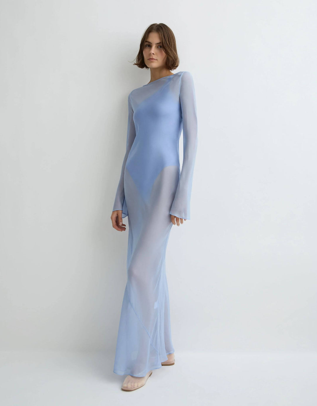 Bondi Born Capri Silk Bias Long Dress sky blue silk dress — front