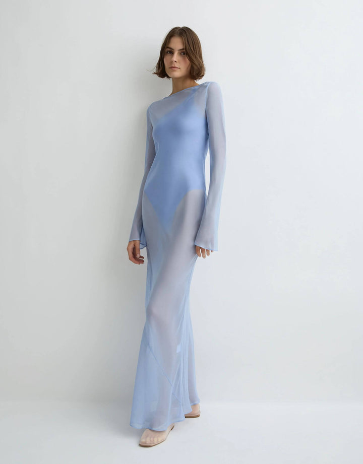 Bondi Born Capri Silk Bias Long Dress sky blue silk dress — front