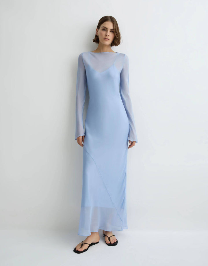 Bondi Born Capri Silk Bias Long Dress sky blue silk dress — full front