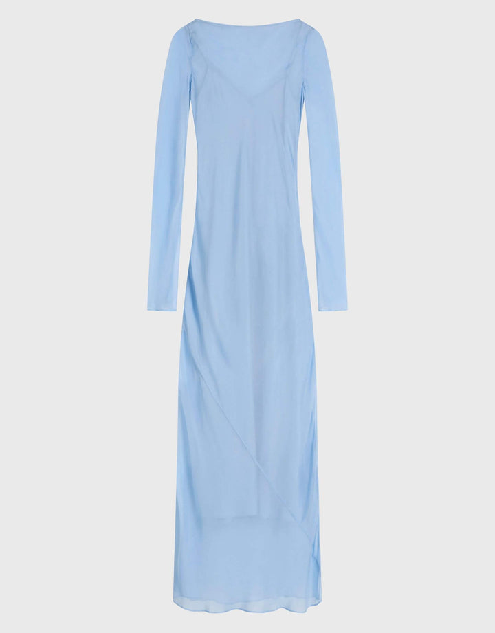 Bondi Born Capri Silk Bias Long Dress sky blue silk dress — garment flat lay