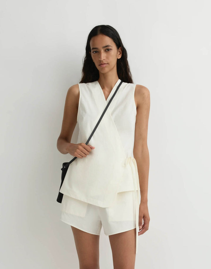 Bondi Born Kyoto Wrap Top natural with matching shorts — front