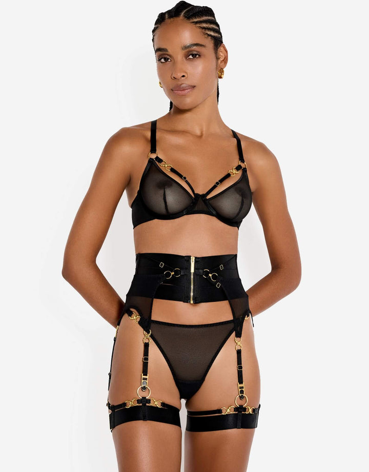 Bordelle Neda Garters black styled with matching lingerie — full-length front view