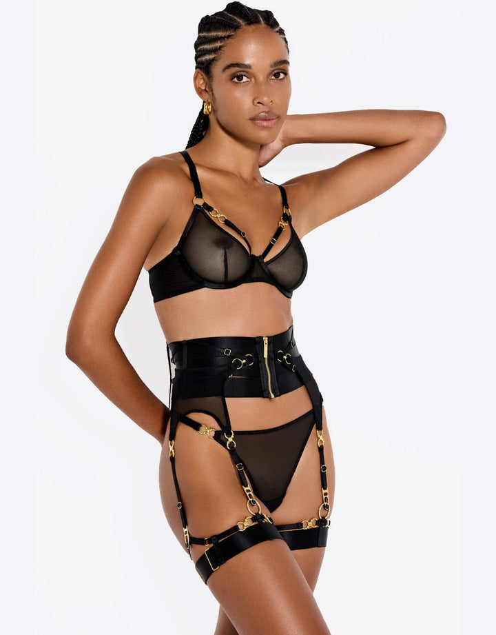 Bordelle Neda Garters black styled with matching lingerie — three-quarter front view