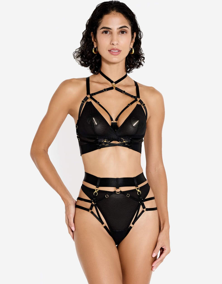 Bordelle Neda Multi-Style Harness Brief black styled with matching lingerie — front view