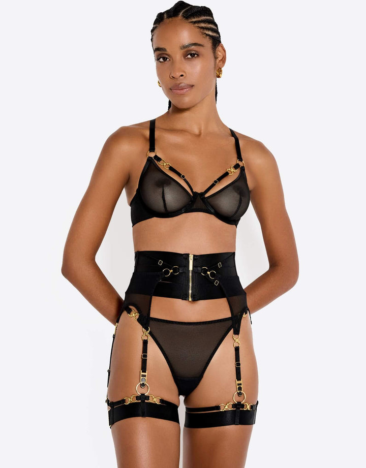 Bordelle Neda Thong black styled with matching lingerie — front view
