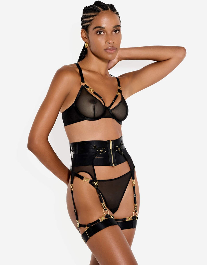 Bordelle Neda Thong black styled with matching lingerie — quarter ,Balconette Wire Bra front view