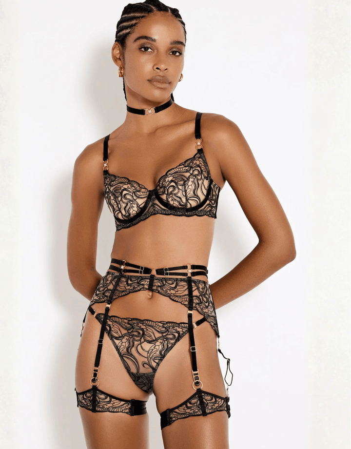 Bordelle Pearl Balconette Wire Bra Black with Pearl Garters and Pearl  Thong, Pearl Suspender,Pearl Collar— front full look