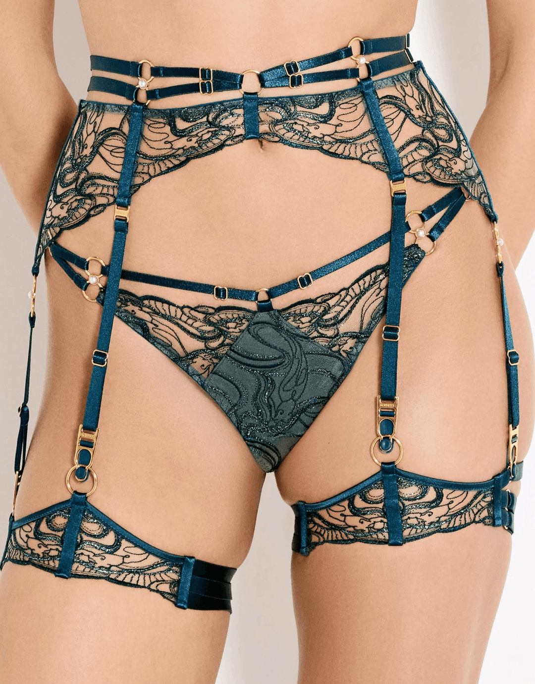 Bordelle Pearl Garters Teal with Pearl Strap Thong and Pearl Suspender — front detail