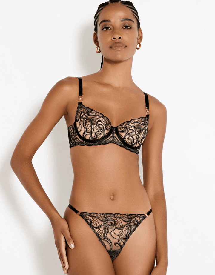 Bordelle Pearl Thong black with  Pearl Balconette Wire Bra— front full look