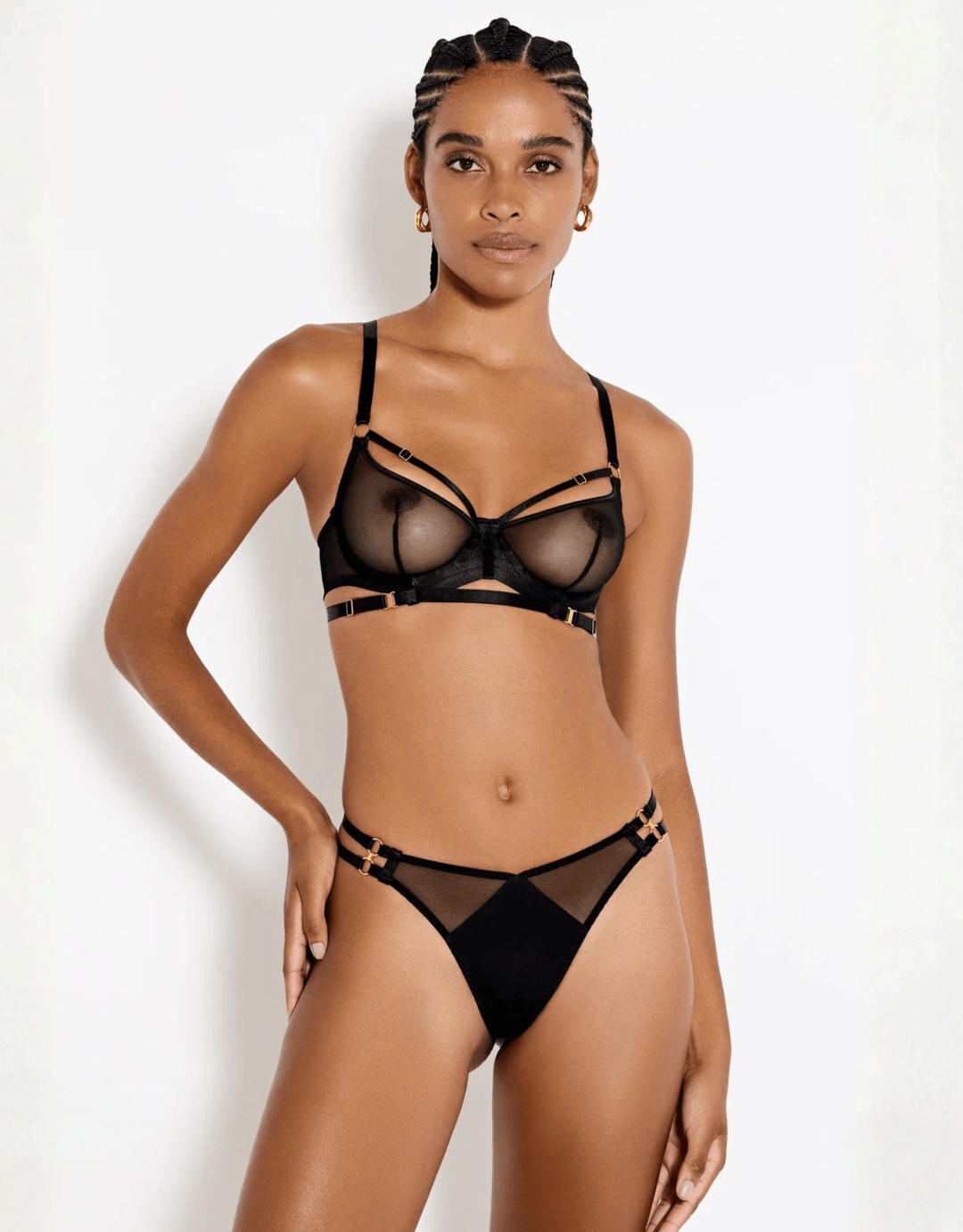 Bordelle Zenna Balconette Wire Bra black styled with matching thong — front view