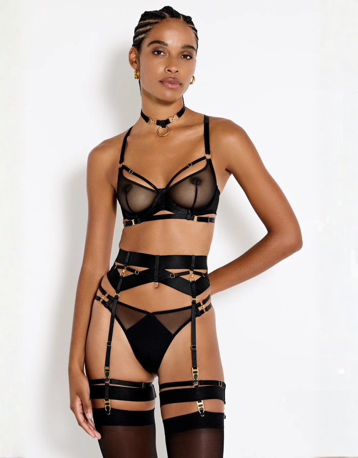 Bordelle Zenna Balconette Wire Bra black styled with matching lingerie set — full-length view