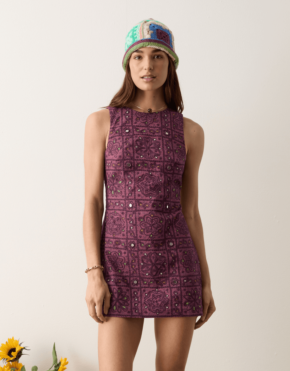 Boteh Folkora Embellished Mini Dress Plum — front view