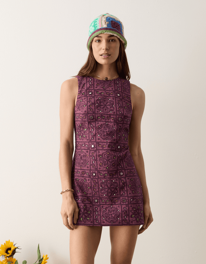 Boteh Folkora Embellished Mini Dress Plum — front view