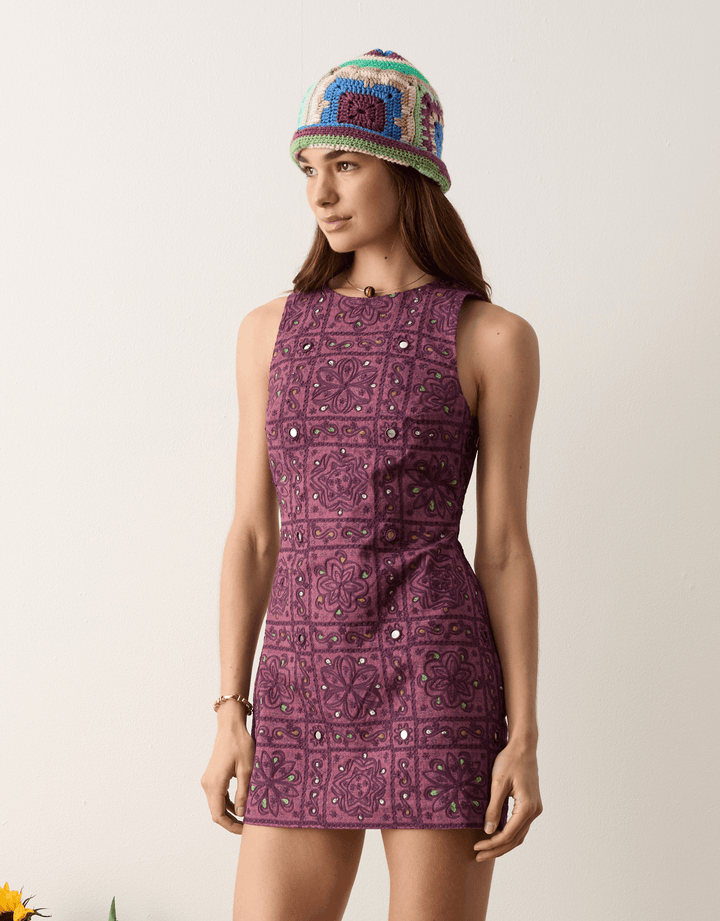 Boteh Folkora Embellished Mini Dress Plum — angled front view
