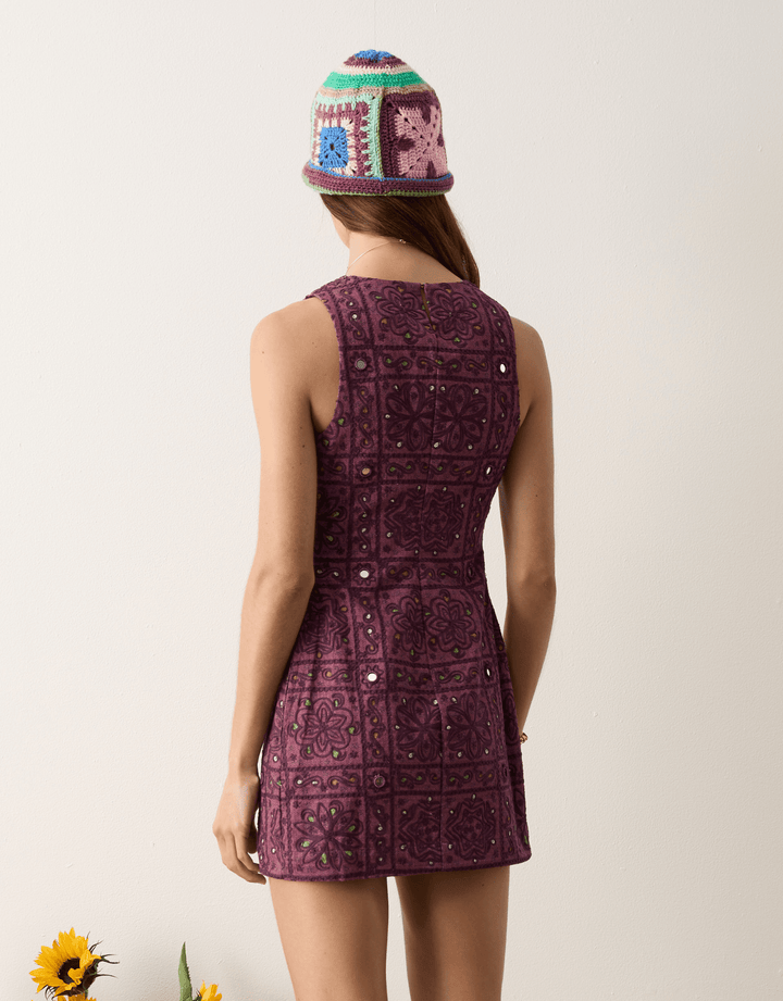Boteh Folkora Embellished Mini Dress Plum — back view