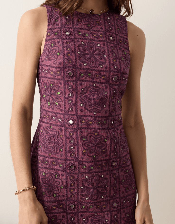 Boteh Folkora Embellished Mini Dress Plum — close-up bodice detail