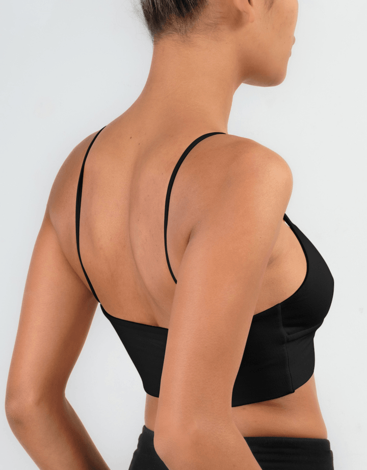 Essentials for Zula Olympia Bralette Black — three-quarter back lifestyle view