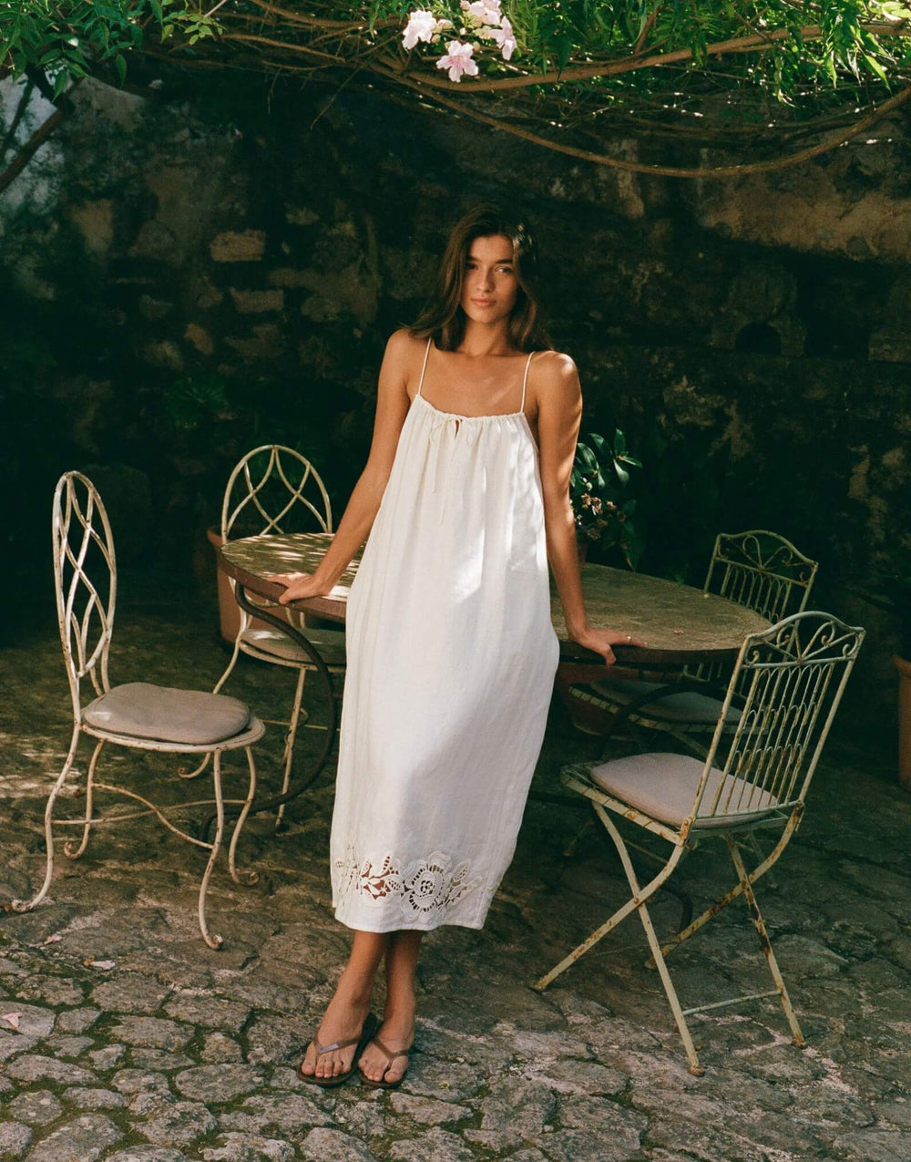 Peony Embroidered Midi Dress in Gardenia linen midi dress with straight neckline and floral embroidered hem